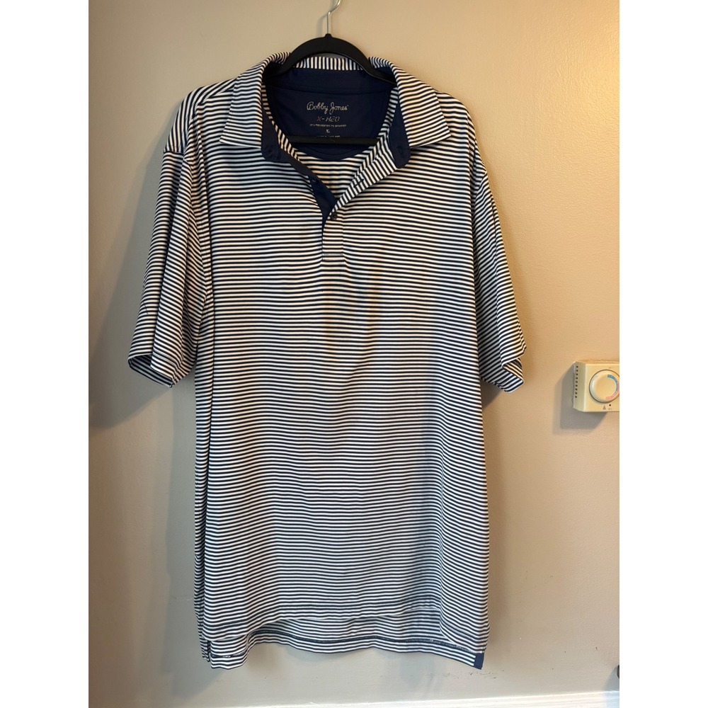 Bobby Jones X-H20 Mens Navy Blue White Striped Performance Golf Polo Shirt XL